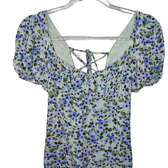 Zara Floral Print Lace Up Back Ruffle Hem Short Puff Sleeve Mini Dress - Picture 3 of 10